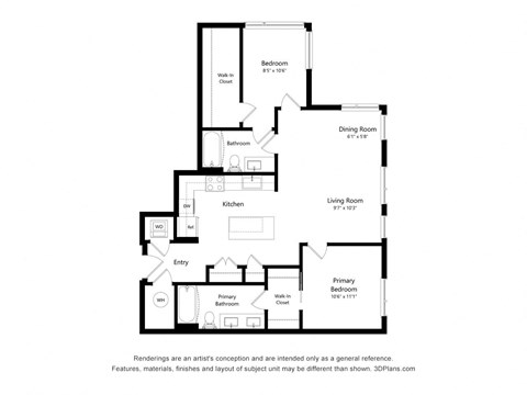 Floor plan for 2 beds, 2 baths, 1060 sqft